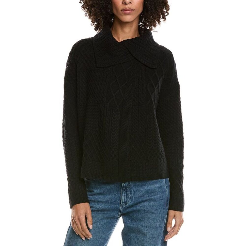 Incashmere Womens  Mix Cable Stitch Overlap Wool-Blend Cardigan, Black